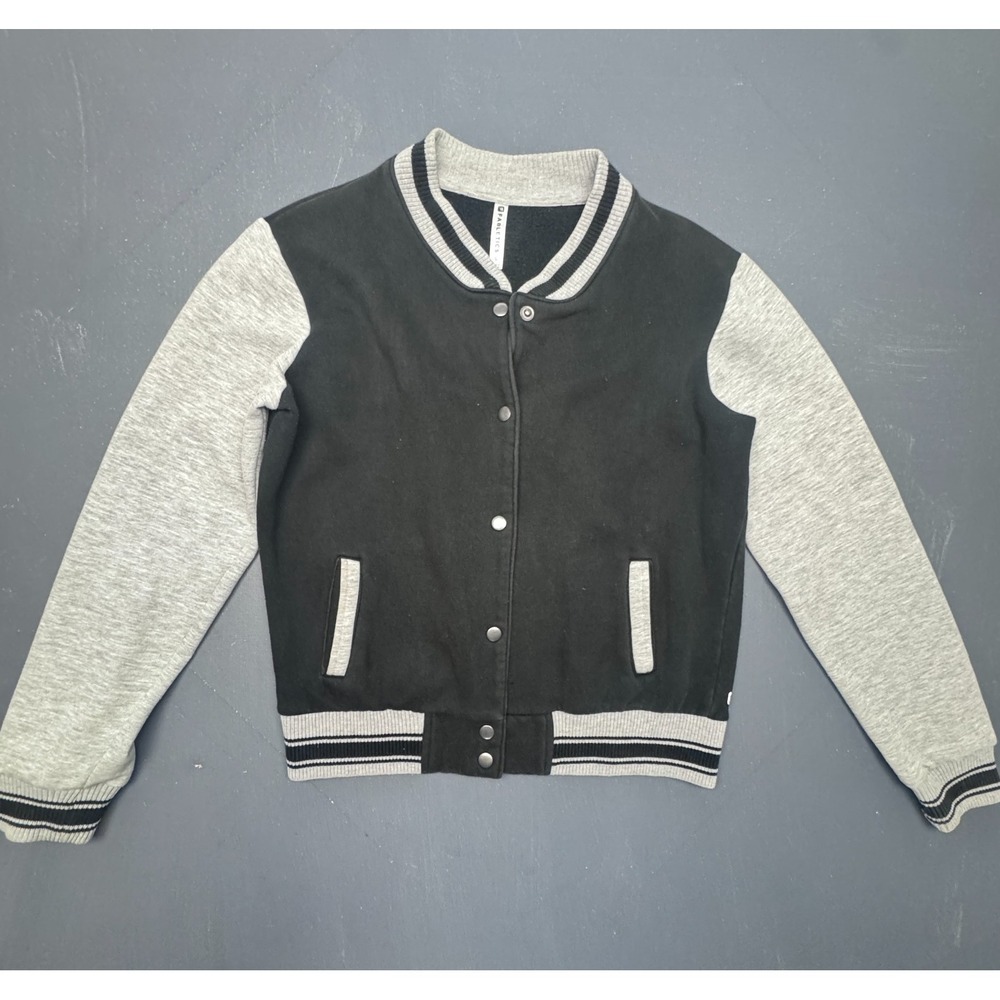 Fabletics Womens Varsity Bomber Jacket Size Large Black Gray Snap Front Casual